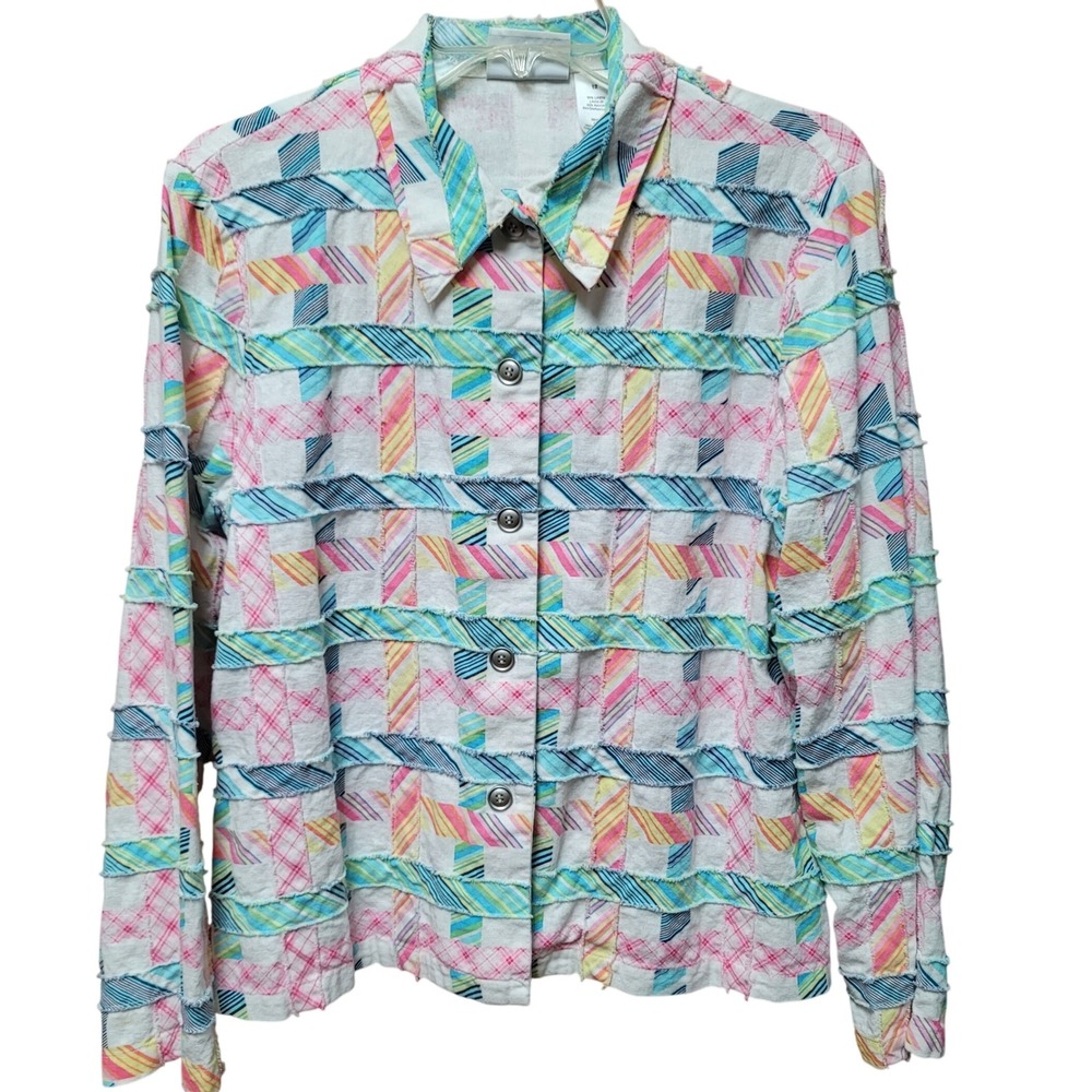 Women Linen Blend 12 Patchwork Shacket Lng Sleeves Button Down Coastal Cottage - Picture 3 of 10